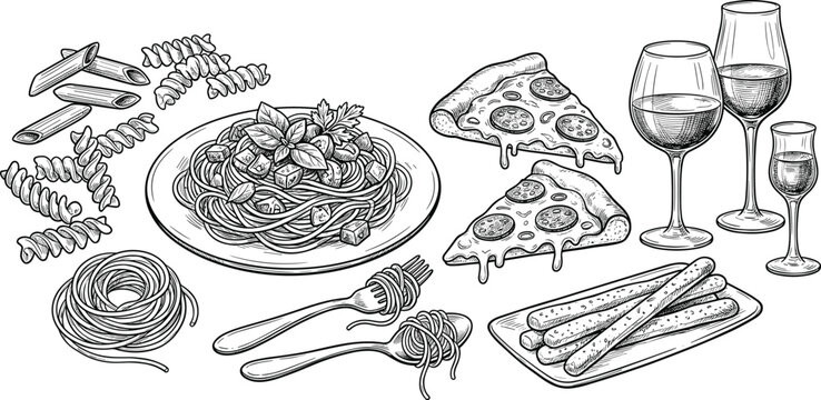 Hand drawn sketch of Italian cuisine dinner with pepperoni pizza slices pasta spaghetti wine glasses and tasty food.