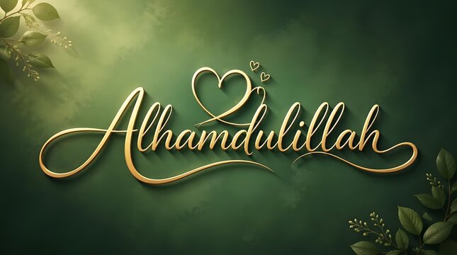 Elegant Gold Script Alhamdulillah Text with Heart Motif on Green Gradient