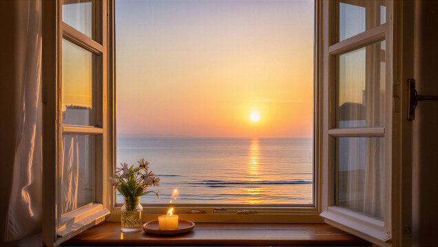 Ventana abierta al mar bajo un sol radiante, con flores frescas y una vela encendida que invitan a la paz, la gratitud y la meditaci&oacute;n profunda.