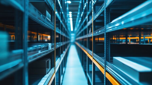 Expansive industrial warehouse storage with long aisles and extensive shelving systems, ready for efficient logistics and inventory management.