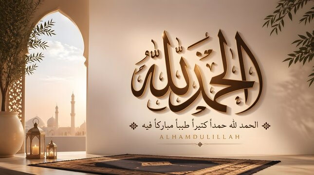 Elegant Arabic Calligraphy Wall Decor Alhamdulillah with Mosque Silhouette