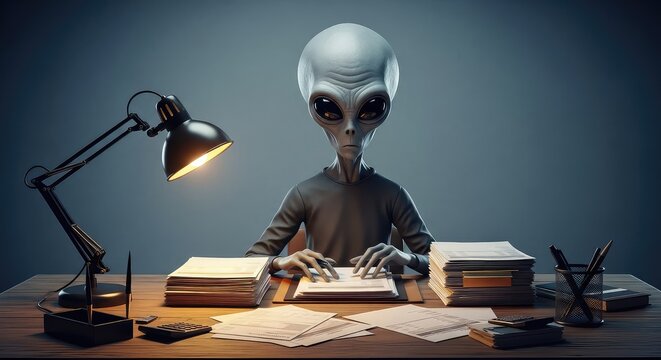 A classic grey extraterrestrial sits at a wooden desk carefully organizing piles of paper invoices and financial documents under a lamp, mystery, economy, stack