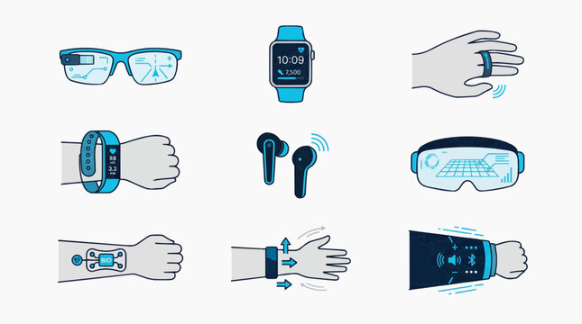 Smart wearable tech devices being used by people in various locations on a white background.