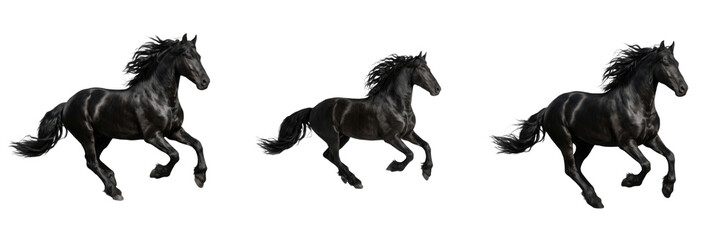 Fototapeta premium Powerful Galloping Black Horse PNG, Stallion in Motion, Equestrian Animal Portrait Isolated on Transparent Background for Sport Design.