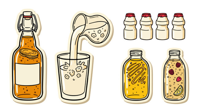 set of healthy probiotic beverage stickers with kombucha kefir and yogurt drinks