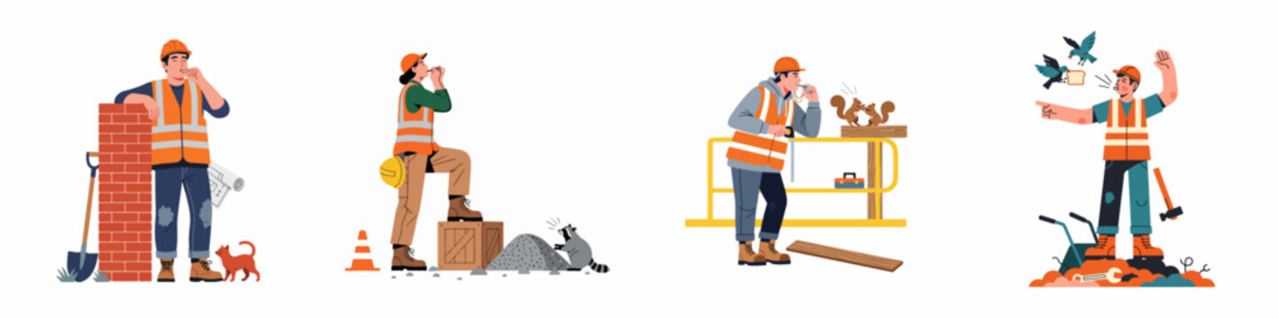 A series of humorous illustrations showing construction workers in high-visibility gear interacting with animals like cats, raccoons, squirrels, and birds on site.