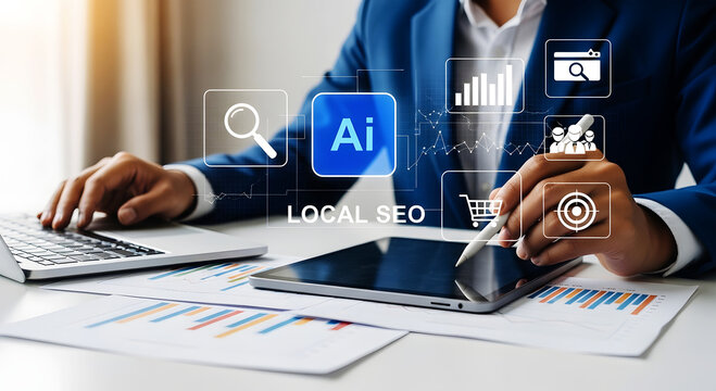 Person using tablet and laptop with A I and local S E O icons on screen desk stylus