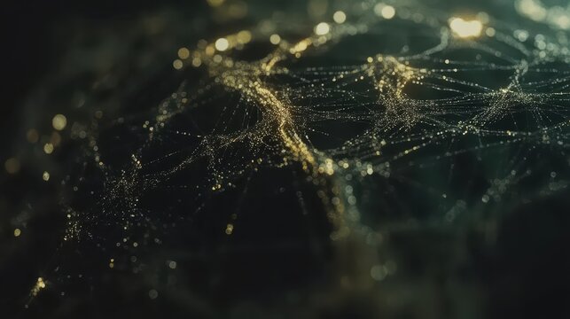 Intricate glowing neural network with golden threads and water droplets on a dark background, representing futuristic technology and complex data structures.