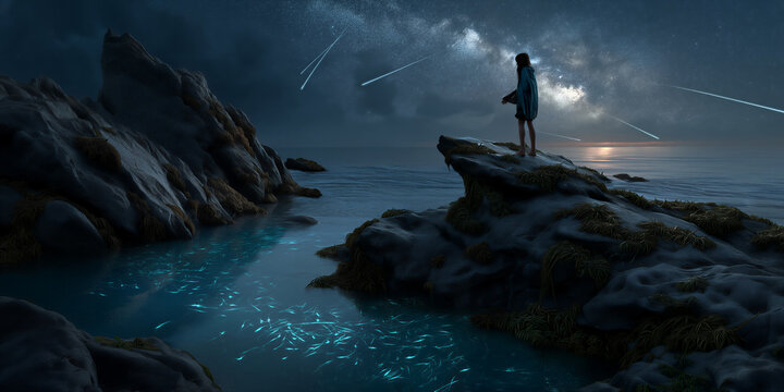 Solitary starry scene. Solo individual captures night sky with shimmering tide pools and stars