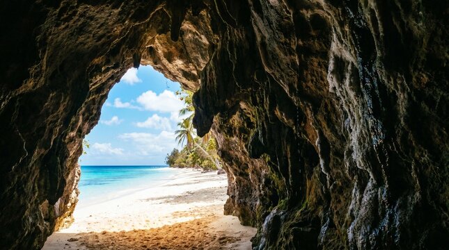 Pemandangan pantai yang tenang melalui lengkungan batu alami menuju laut berwarna biru kehijauan