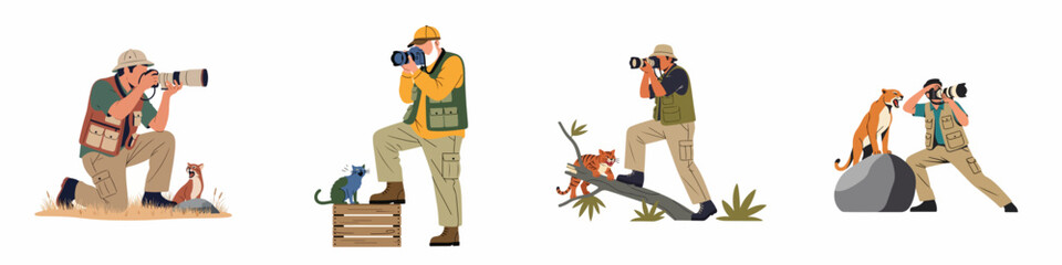 Set of professional wildlife photographers in safari gear taking pictures of wild cats and animals, isolated on a white background. © Sugik