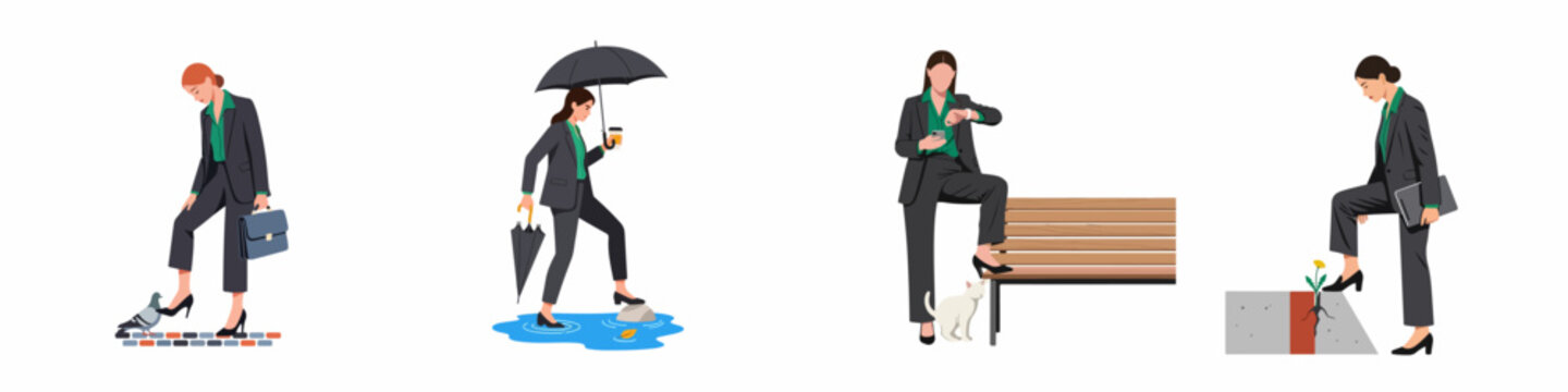Flat vector illustrations of a corporate businesswoman showing determination and indifference while stepping over obstacles like pigeons, puddles, and flowers in urban settings.