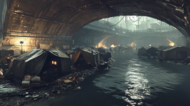 Makeshift Homeless Shelters Under Urban Bridge at Night with Soft Lighting
