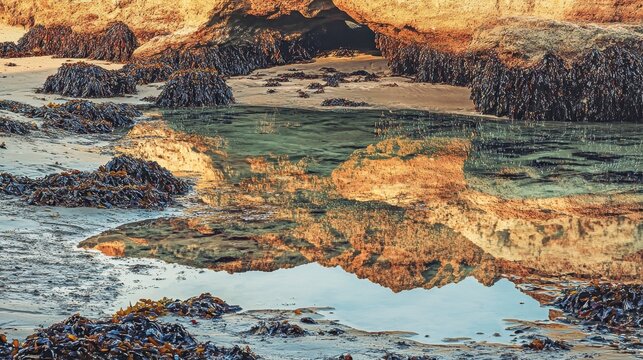 Golden hour illumination of rocky tide pools filled with marine life at low tide, showcasing natural coastal beauty and reflections.