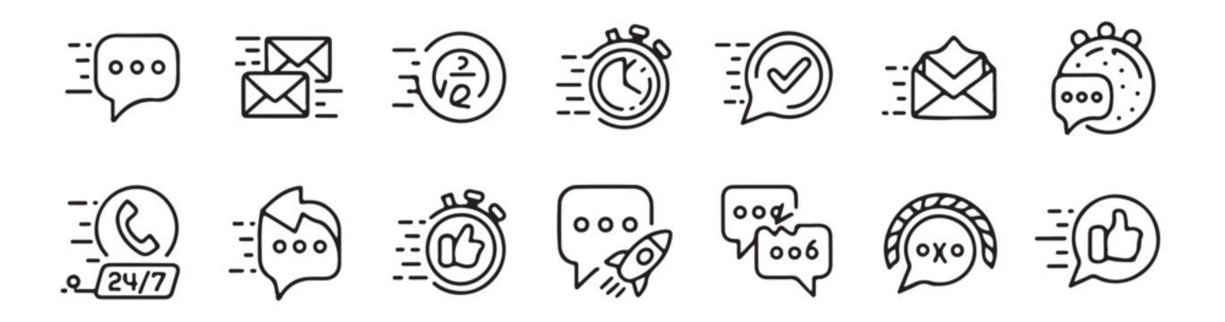 Chat, communication, messaging icons, 16 symbols, line style, black and white