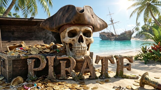 Pirate's Bounty: A weathered pirate chest overflows with gleaming gold coins on a tropical beach, guarded by a grinning skull and a tattered pirate hat.