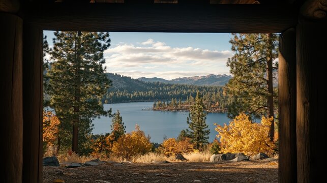 Picturesque autumn lake view framed by colorful trees and distant mountains under a blue sky