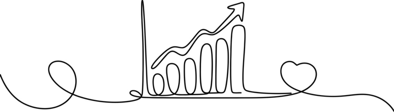 Continuous single line drawing of a growing business bar graph chart with an arrow and a heart symbol showing success and love for progress Vector, illustration