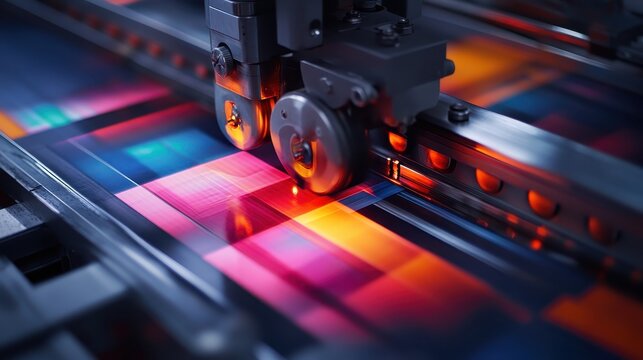 Industrial Offset Printing Press in Operation Applying Vibrant Ink to Paper Sheets with Precision Alignment