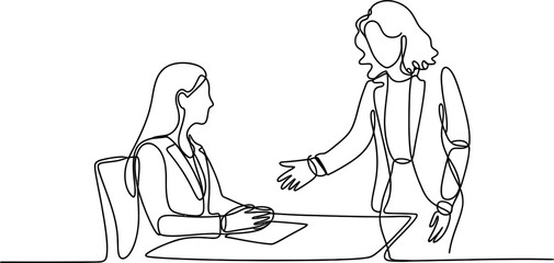 Continuous single line drawing of two business women talking and meeting at an office desk for a professional corporate job interview session Vector, illustration © Creative_Outline2019