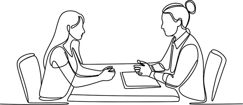 Continuous single line drawing of two women having a business meeting or job interview sitting at a desk with a document in an office Vector, illustration