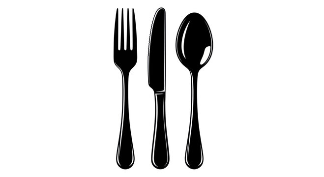 Black Silhouette of Fork, Knife, and Spoon on White Background