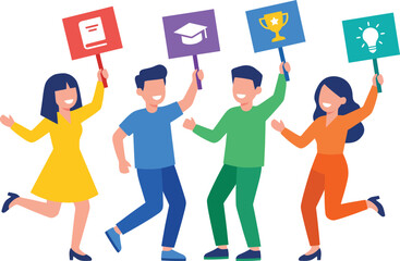 Fototapeta premium Diverse students celebrating academic success with educational signs, happy graduates holding icons of knowledge and achievement, flat vector illustration