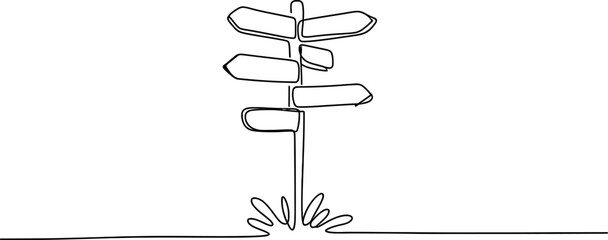 Continuous single line drawing of a wooden signpost with many directional arrows showing multiple paths and choices for travel and navigation Vector, illustration © Creative_Outline2019