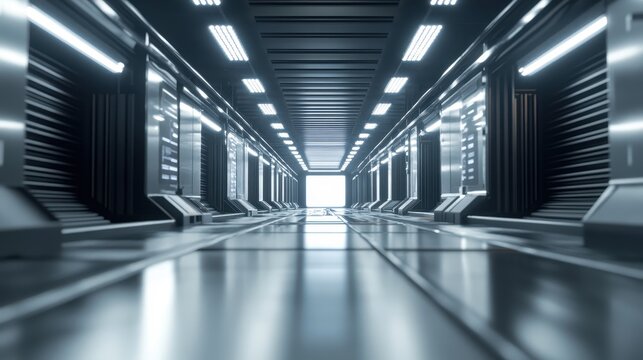 Sleek futuristic metallic corridor with bright overhead lighting and reflective flooring stretching into a luminous exit