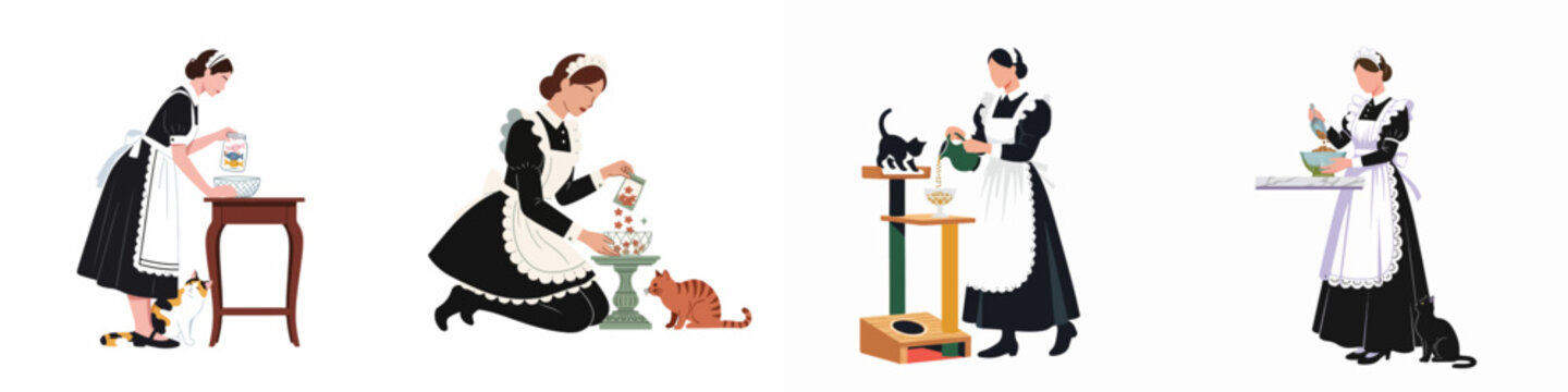Collection of illustrations depicting Victorian-style maids in black and white uniforms caring for and feeding pet cats in various domestic scenes.