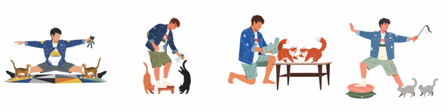 Humorous illustrations of a man interacting with his playful and sometimes misbehaving cats in various daily life situations.