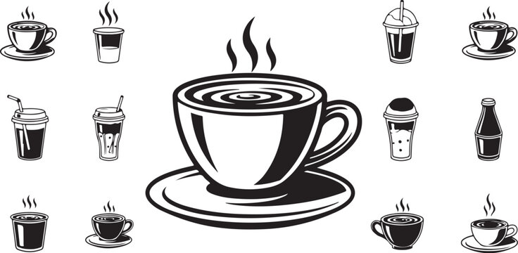 Hot coffee and beverage icons with hot drink, beverage