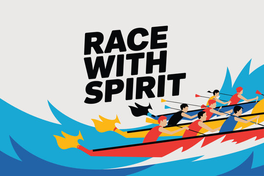 Race With Spirit Regatta, Vibrant Dragon Boat Crew Cutting Waves, Poster And Flyer For Advertising, Branding, Social Media, Print Template