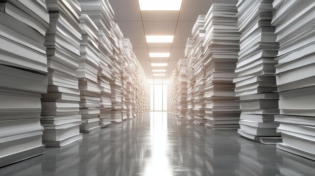 Vast Stacks of Documents in a Modern Office Storage Hallway, Symbolizing Data Management and Auditing Processes