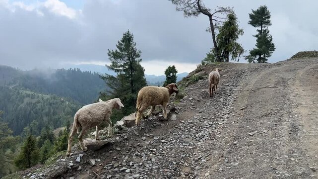 Sheep walking along a narrow mountain road with forested hills in the background in Janjehli, Mandi district, Himachal Pradesh, India.