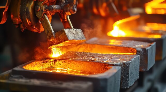 Molten gold being poured into industrial bar molds with intense heat and glowing sparks at a metal foundry