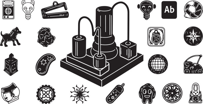 Abstract industrial machine and assorted icons with abstract