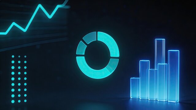 Futuristic glowing neon blue business analytics dashboard with 3d bar graph pie chart and rising trend line on dark background representing financial growth data science and