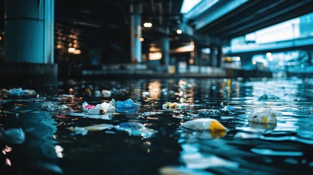 Urban trash and debris accumulating in polluted water near a storm drain, highlighting environmental neglect.