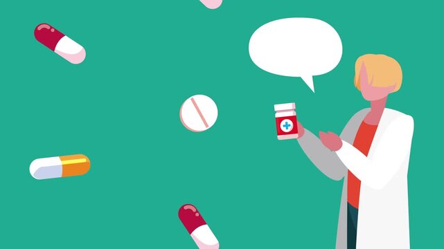 Female pharmacist with medicine bottle and falling capsules in flat animation style on green background.