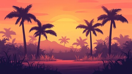 Fototapeta premium Vibrant Tropical Sunset Silhouettes With Palm Trees Against A Warm Golden Hour Sky And Lush Landscape