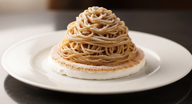 Spaghetti pile on white plate closeup.