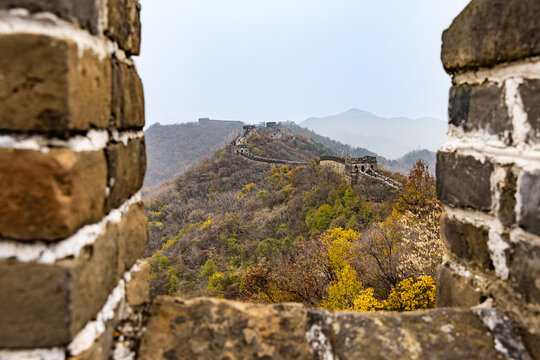View of the Great Wall of China from between two columns of the Great Wall