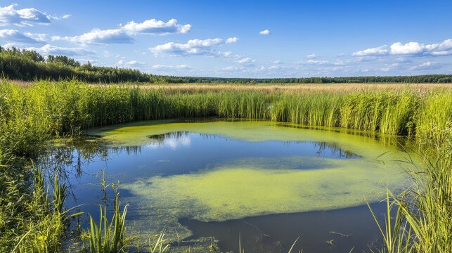 Vibrant toxic algae bloom on the surface of a tranquil pond surrounded by lush green reeds and fields under a bright blue sky.