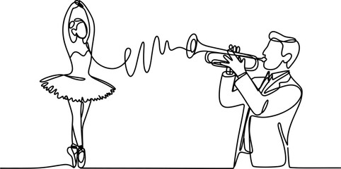 Continuous single line drawing of a male trumpet player playing music for a graceful female ballerina dancer performing a dance Vector, illustration © RK Drawing Gallery