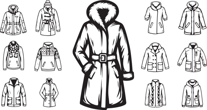 Vector collection of various winter jackets and coats