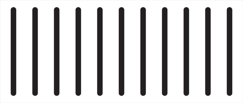 Repeated vertical black parallel straight sticks isolated on white background. Simple striped graphic print. Texture of prison bar. Vector graphic minimalist illustration.Eps10