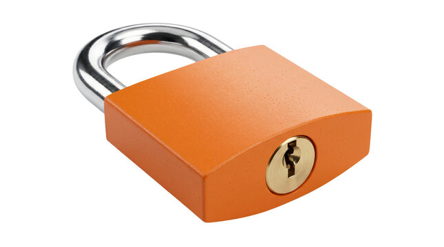 Orange padlock with silver shackle and gold keyhole on white background