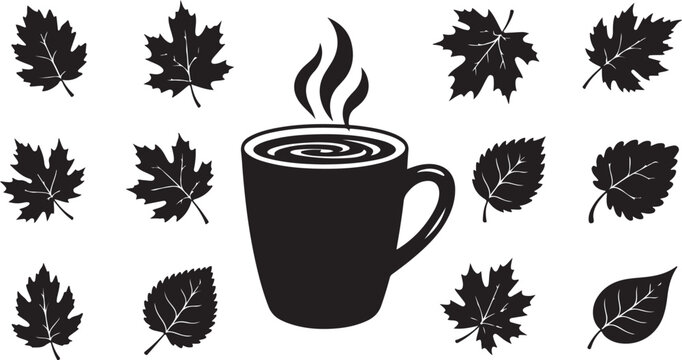 Steaming coffee cup with autumn leaves icons vector