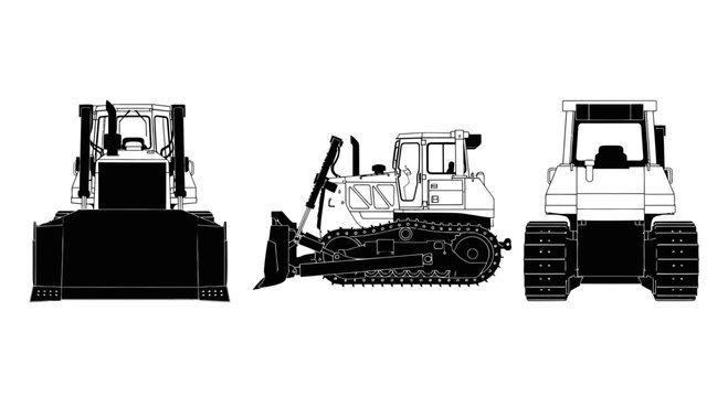 Bulldozer Vector Set: Front, Side, and Back Views